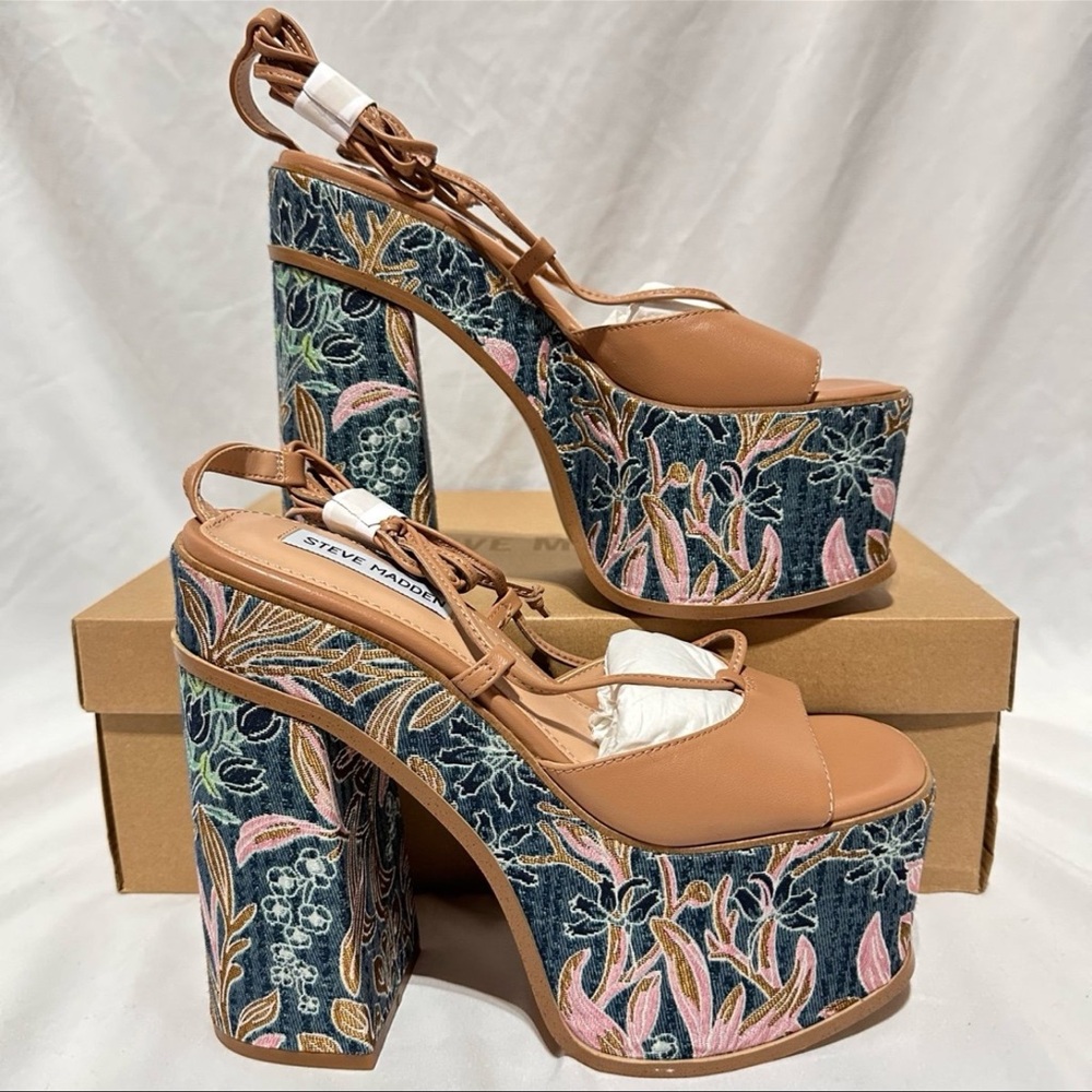 Steve Madden Anika Tan Leather Chunky Embroidered Platform Lace Up Heels Summer - Picture 6 of 12